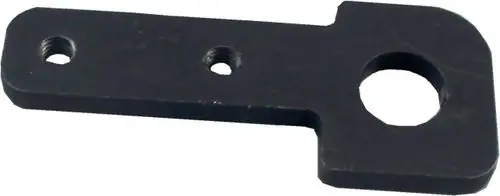 Schwarz lackierte Metalllasche mit einer Aussparung und zwei Gewindebohrungen, verwendbar für Wolf-Produkte, wie die Scharnierlasche für BVG Lambda 20-40.